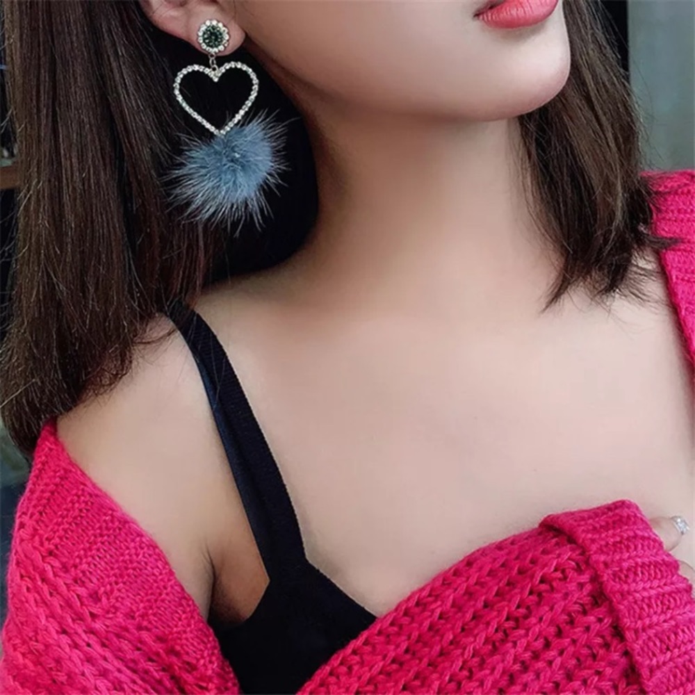 Pink Fur Crystals Asymmetrical Dangle Earrings - Picture 5 of 5